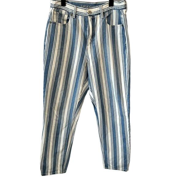 AMERICAN EAGLE Mom Style High Rise Blue/White Indigo Stripe 5 Pocket Jeans Sz 8 - Picture 1 of 8